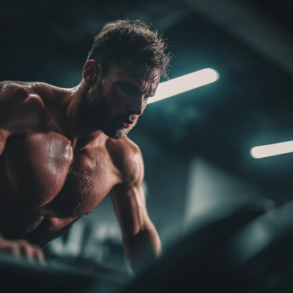 Athletic man doing intense workout training in modern gym environment