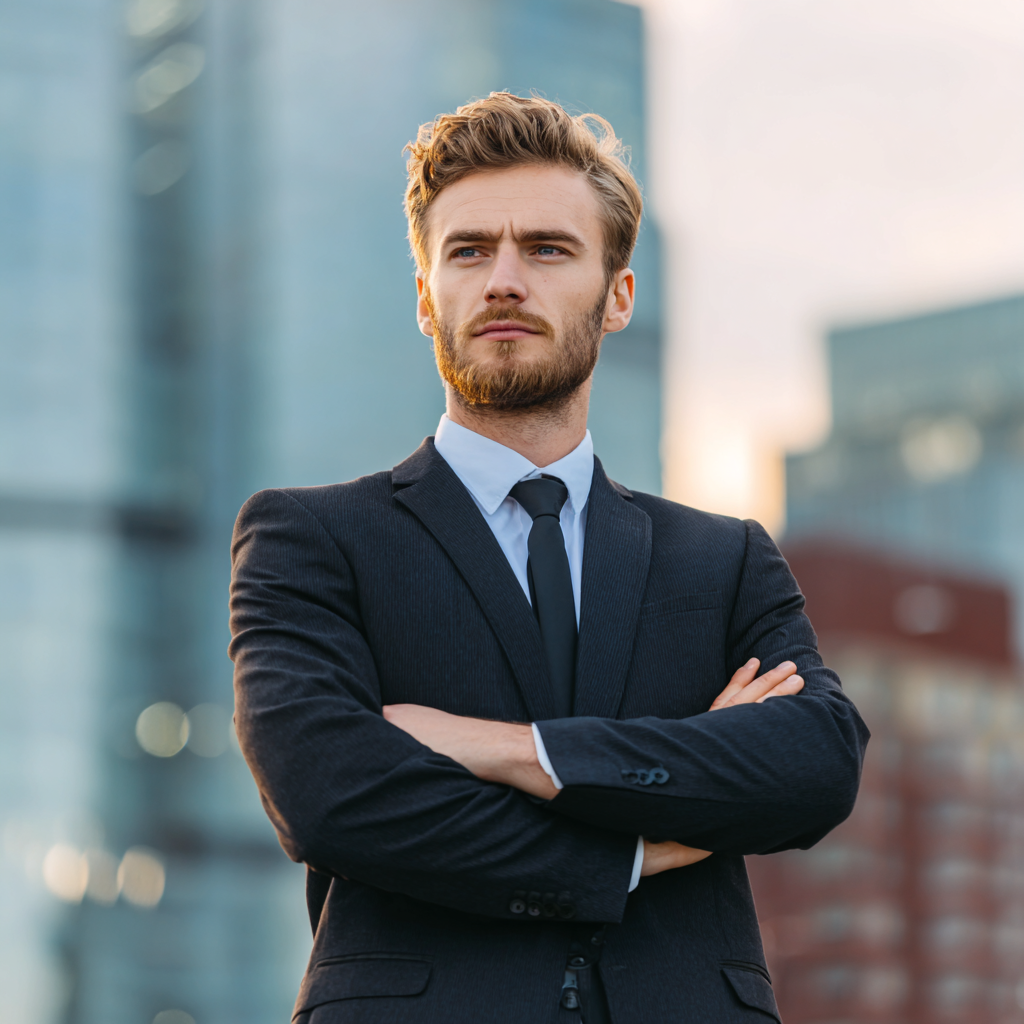 Confident successful businessman in suit standing with arms crossed against modern city backdrop