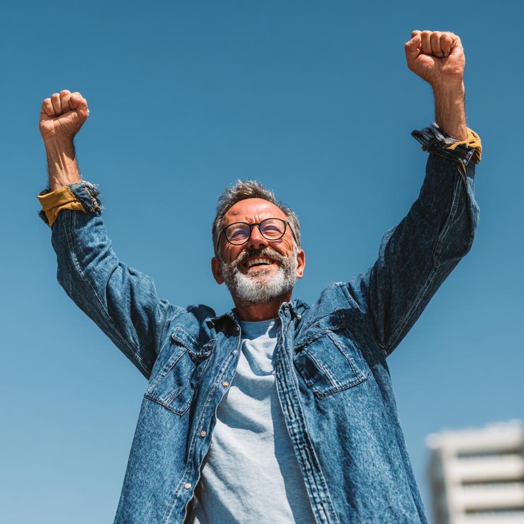 Successful mature man celebrating achievement with raised arms in victory pose outdoors